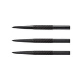 Three black steel tip dart points by Winmau featuring a spiral-textured grip pattern for enhanced hold