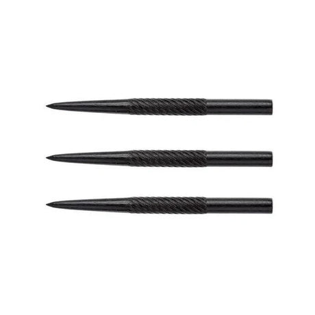 Three black steel tip dart points by Winmau featuring a spiral-textured grip pattern for enhanced hold