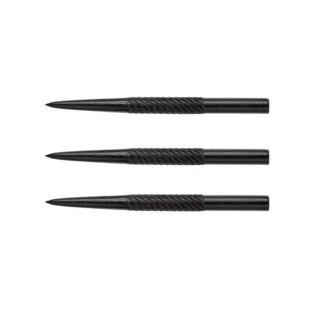 Three black steel tip dart points by Winmau featuring a spiral-textured grip pattern for enhanced hold