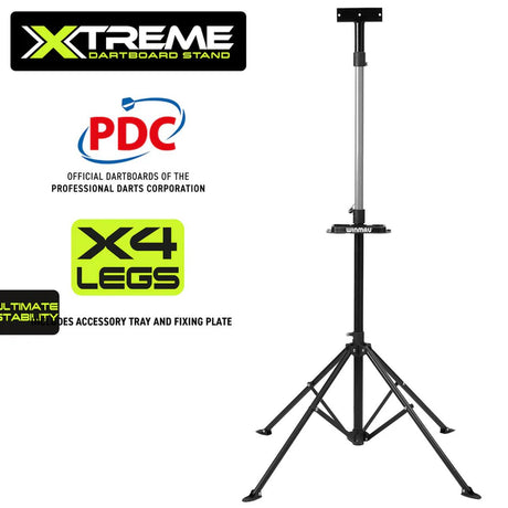 Winmau Xtreme Dartboard Stand with PDC branding and feature callouts like portability and adjustability.