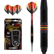 Outrage Winmau 18g darts packaging, 3 flights with 1 dart and 1 barrel in black, red and yellow.