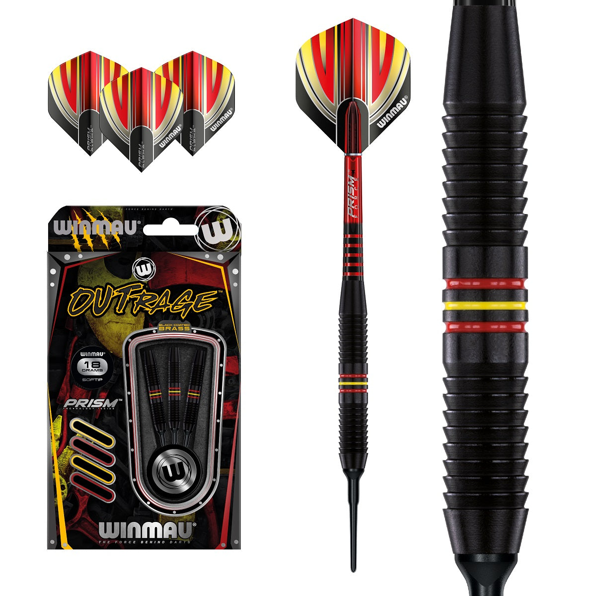 Outrage Winmau 18g darts packaging, 3 flights with 1 dart and 1 barrel in black, red and yellow.