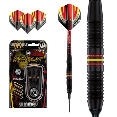 Outrage Winmau 18g darts packaging, 3 flights with 1 dart and 1 barrel in black, red and yellow.