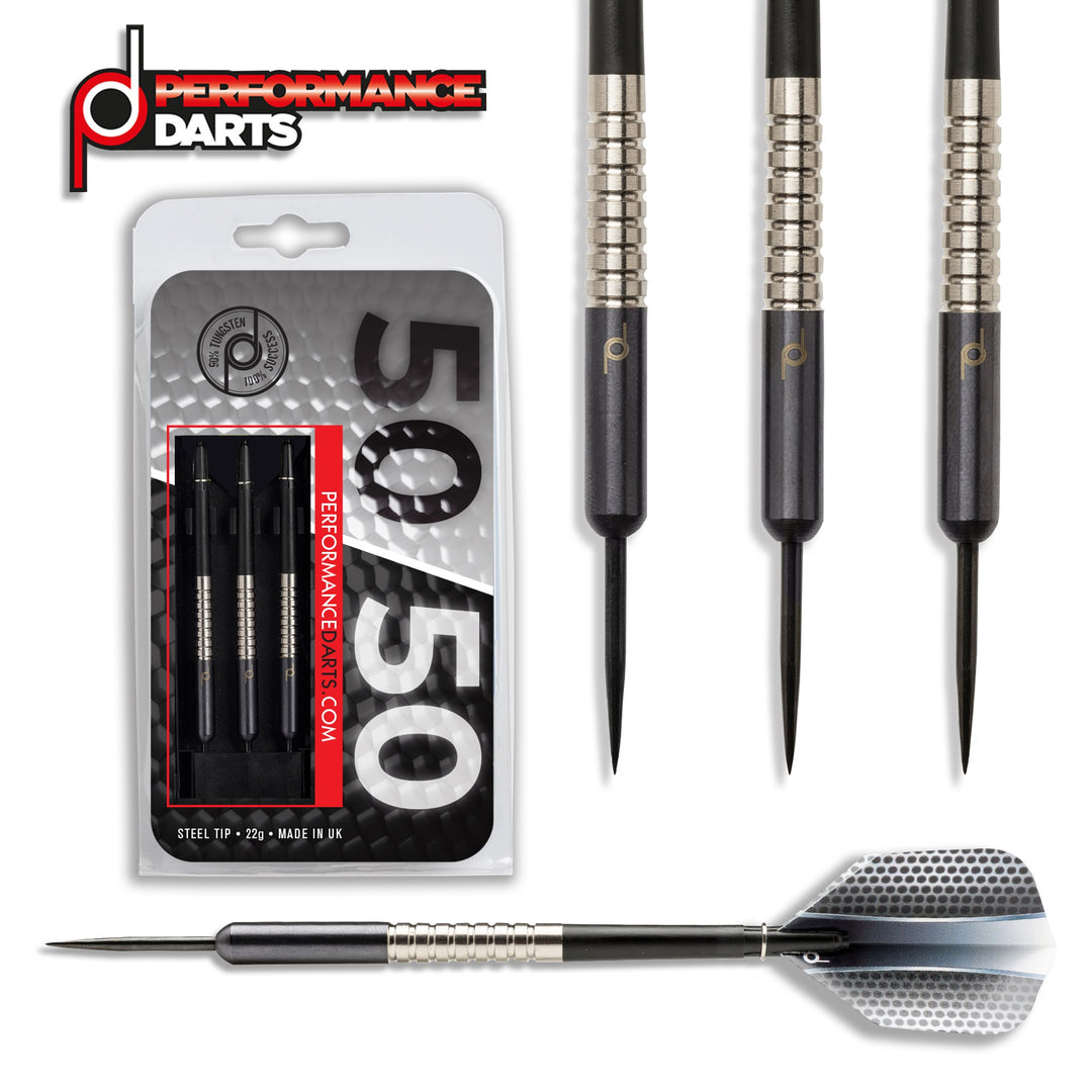 50/50 Black - Silver 90% Tungsten Steel Tip Darts by Performance Darts