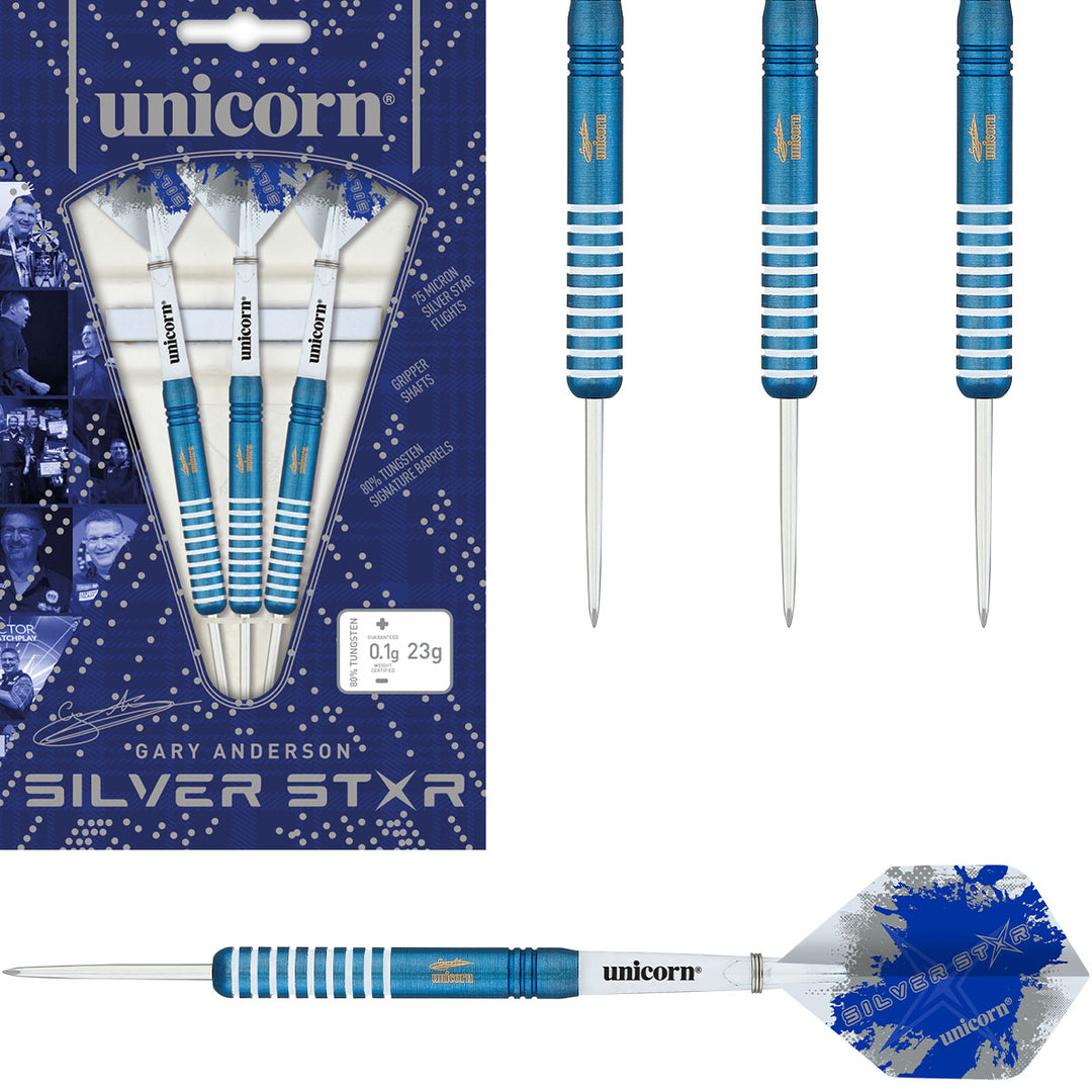 Gary Anderson Silver Star Blue 80% Tungsten Steel Tip Darts by Unicorn