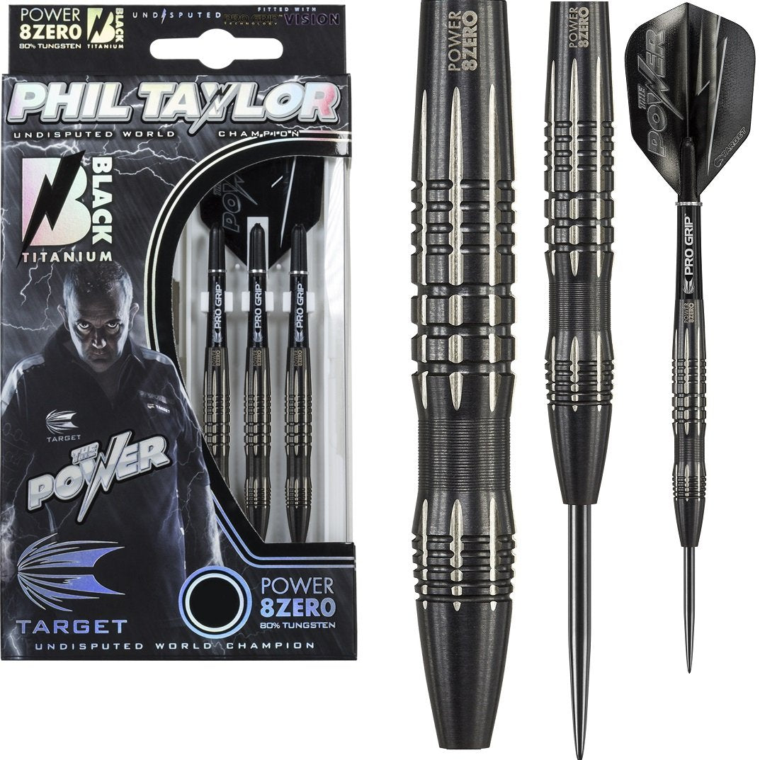 Phil Taylor 8ZERO Black 80% Tungsten Steel Tip Darts by Target - S2