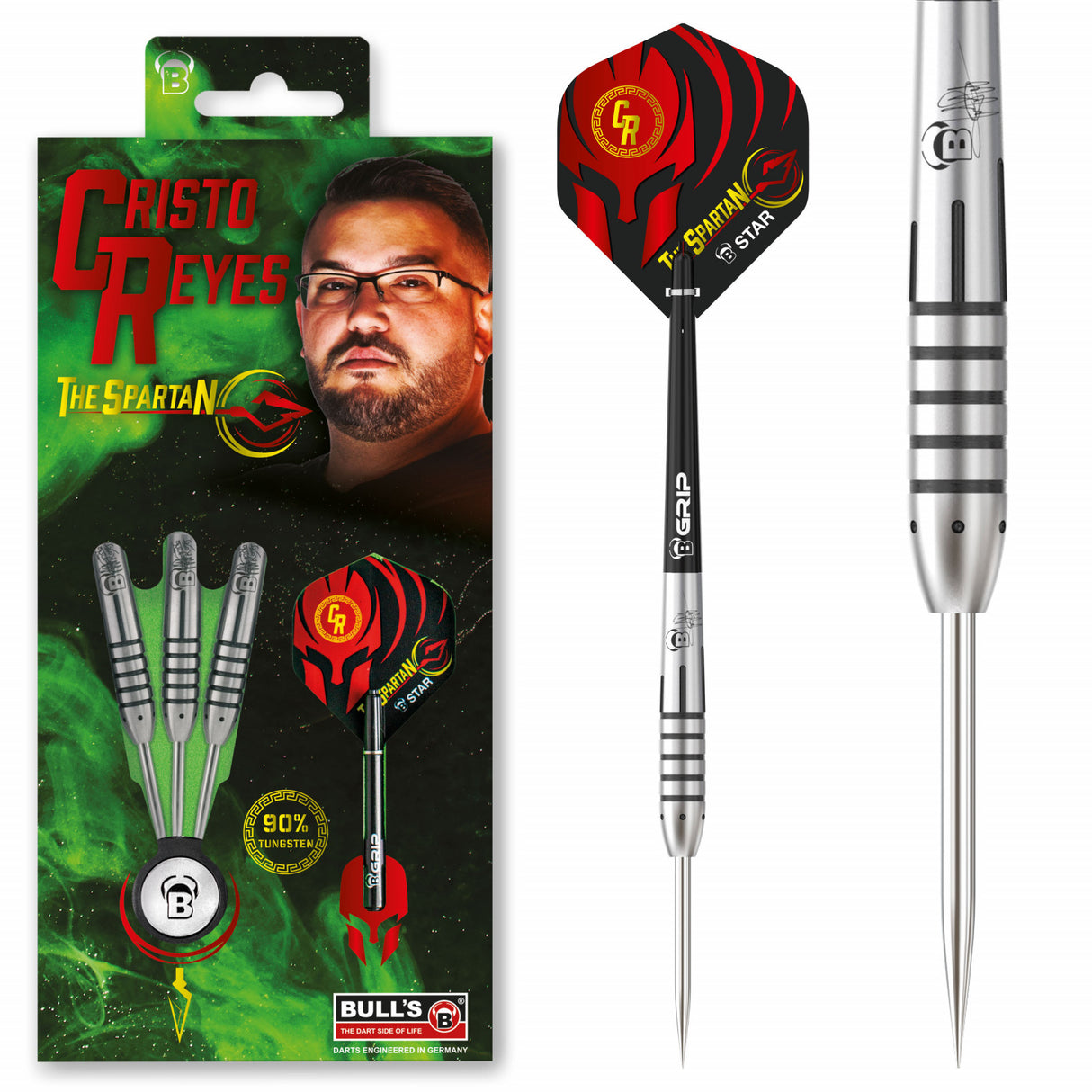 Cristo Reyes Original Steel Tip Darts main product image showing the darts, packaging, flights, shafts, and included accessories