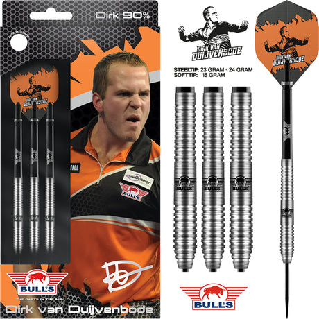 Dirk van Duijvenbode Steel Tip Darts main product image showing the darts, packaging, flights, shafts, and included accessories