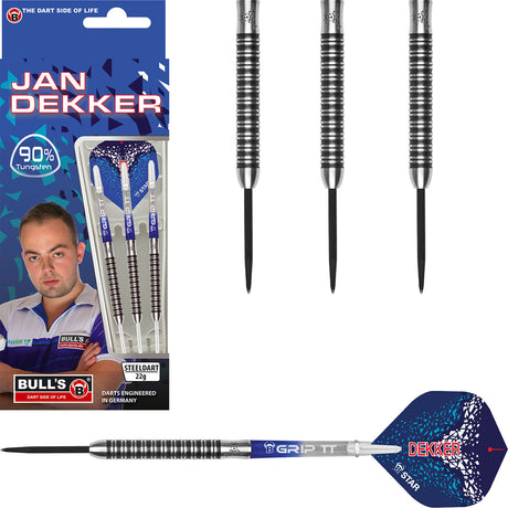 Jan Dekker Steel Tip Darts main product image showing the darts, packaging, flights, shafts, and included accessories