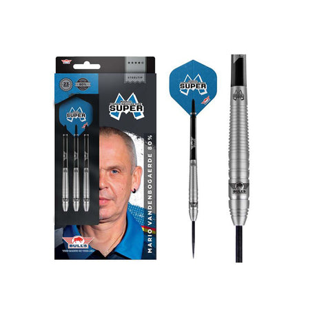 Mario Vandenbogaerde 80 Percent Tungsten Steel Tip Darts main product image showing the darts, packaging, flights, shafts, and included accessories