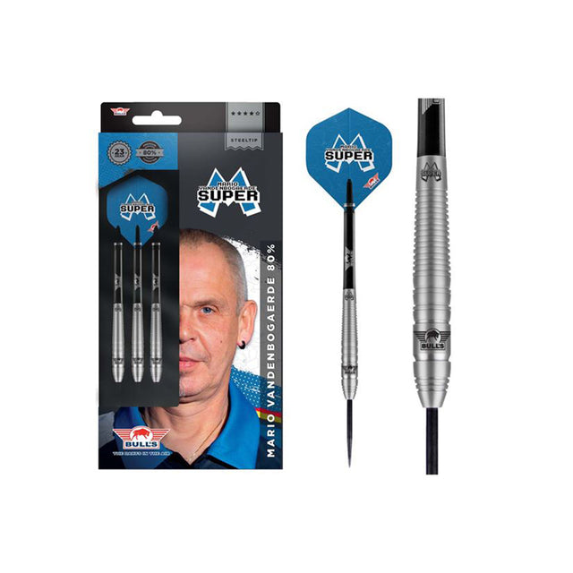 Mario Vandenbogaerde 80 Percent Tungsten Steel Tip Darts main product image showing the darts, packaging, flights, shafts, and included accessories