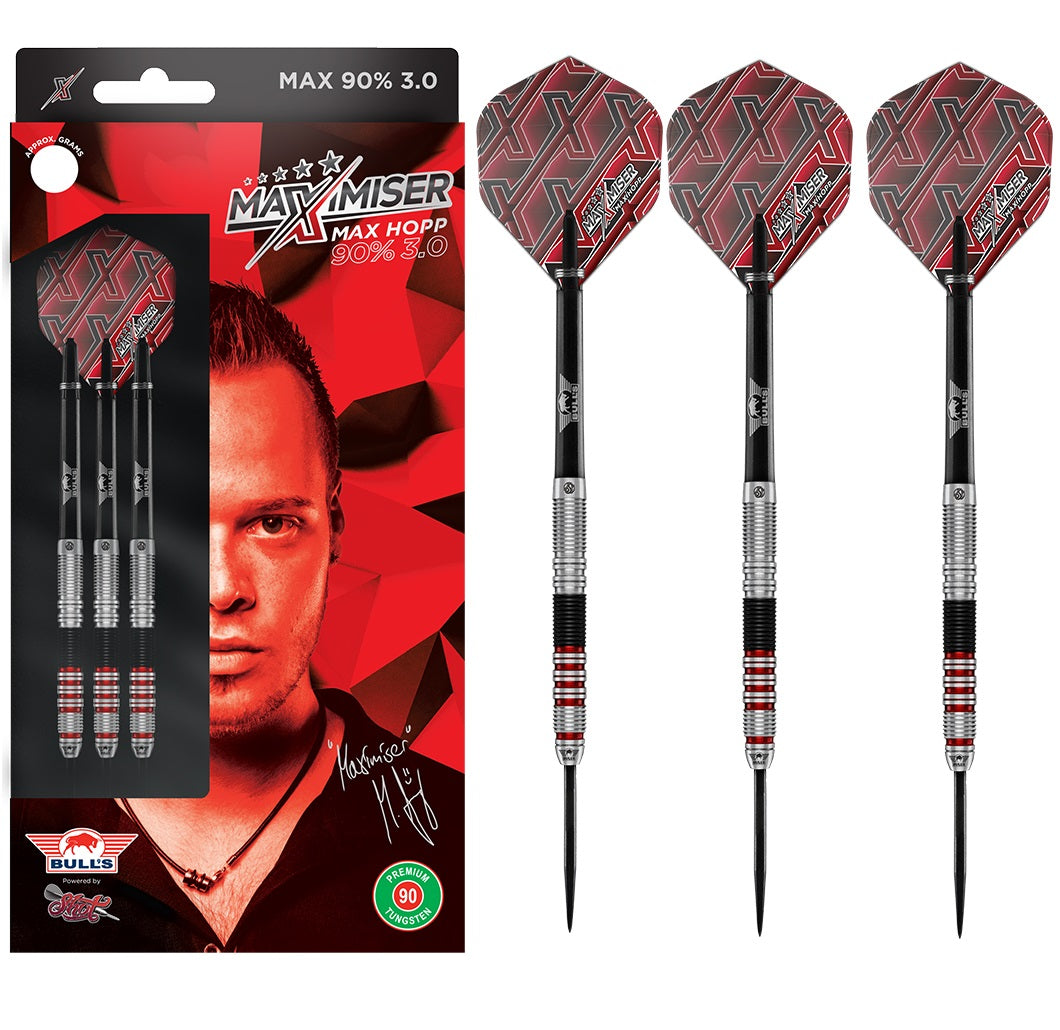 Max Hopp Version 3.0 Steel Tip Darts main product image showing the darts, packaging, flights, shafts, and included accessories