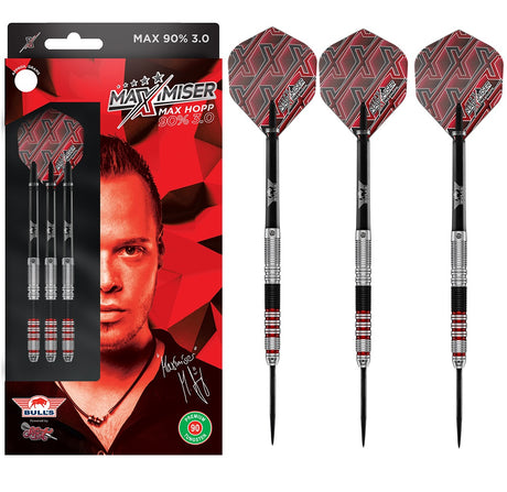 Max Hopp Version 3.0 Steel Tip Darts main product image showing the darts, packaging, flights, shafts, and included accessories