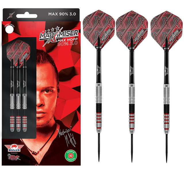 Max Hopp Version 3.0 Steel Tip Darts main product image showing the darts, packaging, flights, shafts, and included accessories