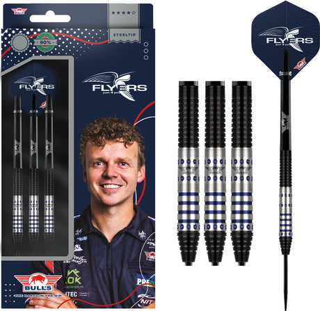 Richard Veenstra Steel Tip Darts main product image showing the darts, packaging, flights, shafts, and included accessories