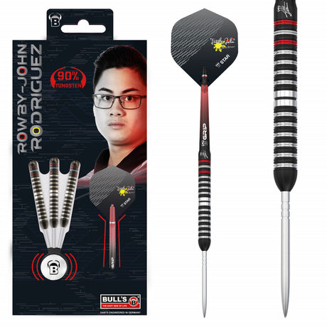 Rowby John Rodriguez Original Steel Tip Darts main product image showing the darts, packaging, flights, shafts, and included accessories