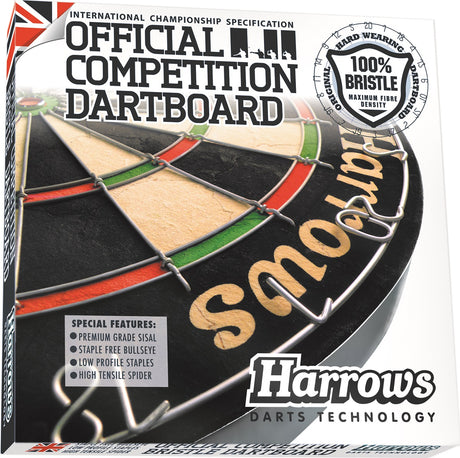 Harrows Official Competition Dartboard outer box image showing the retail packaging and branding
