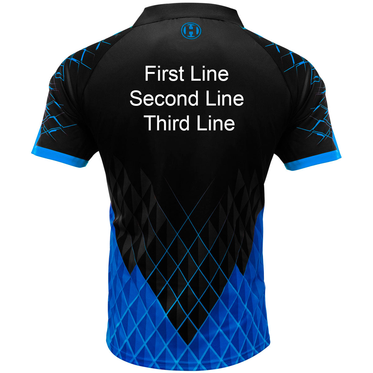 Harrows Paragon Blue Dart Shirt image highlighting available name and customisation options