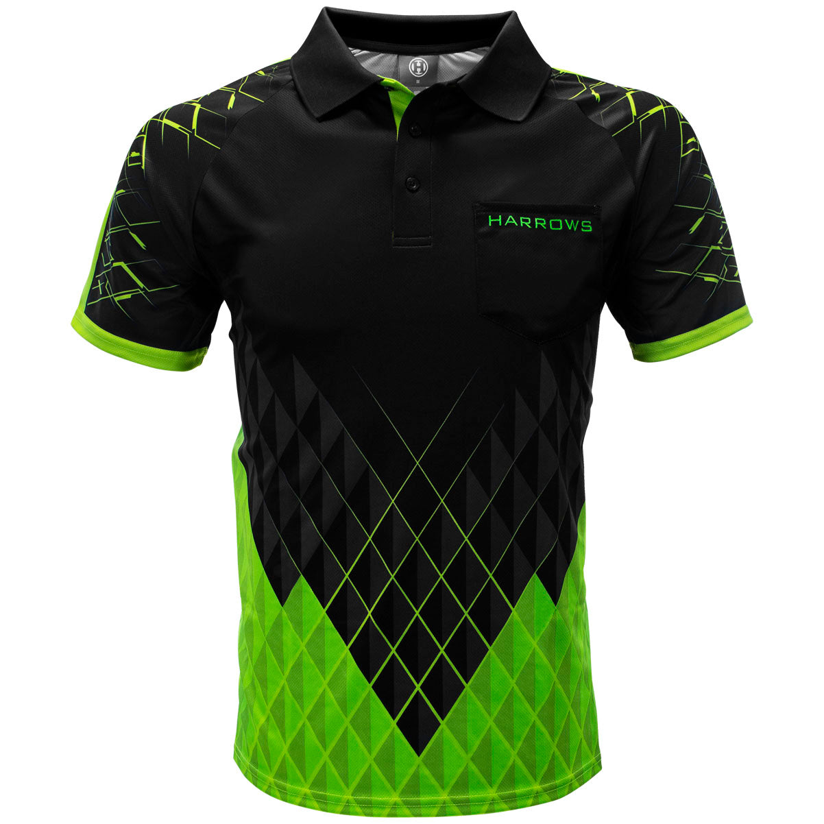 Harrows Paragon Green Dart Shirt front view image showing the complete shirt design, colours, and styling details