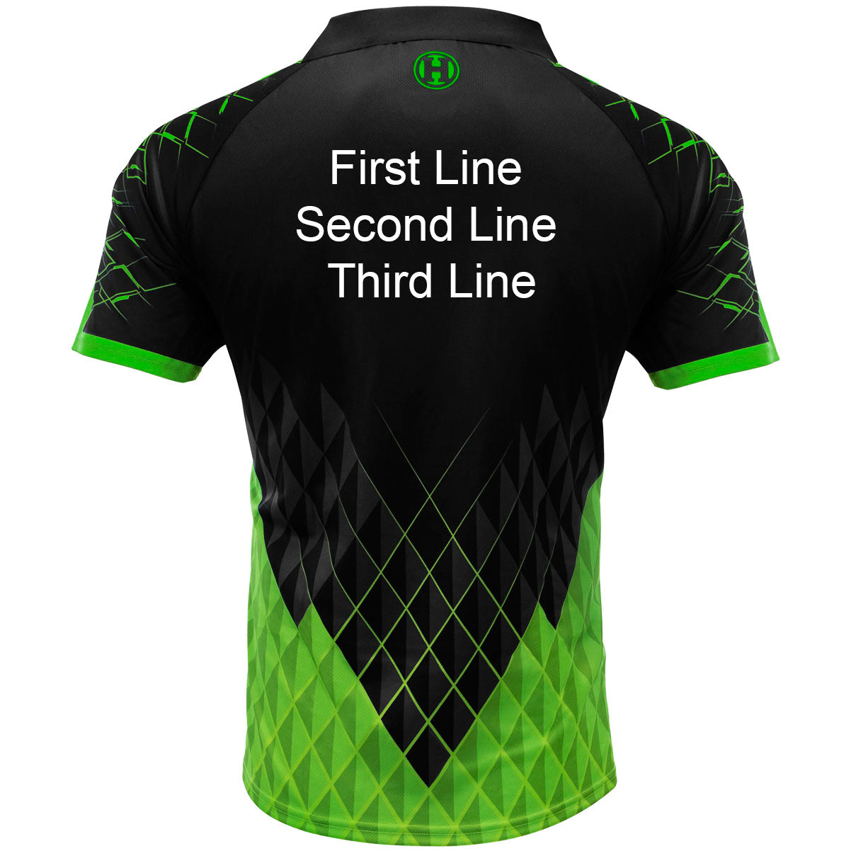Harrows Paragon Green Dart Shirt image highlighting available name and customisation options