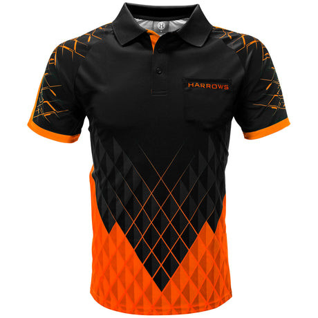 Harrows Paragon Orange Dart Shirt front view image showing the complete shirt design, colours, and styling details