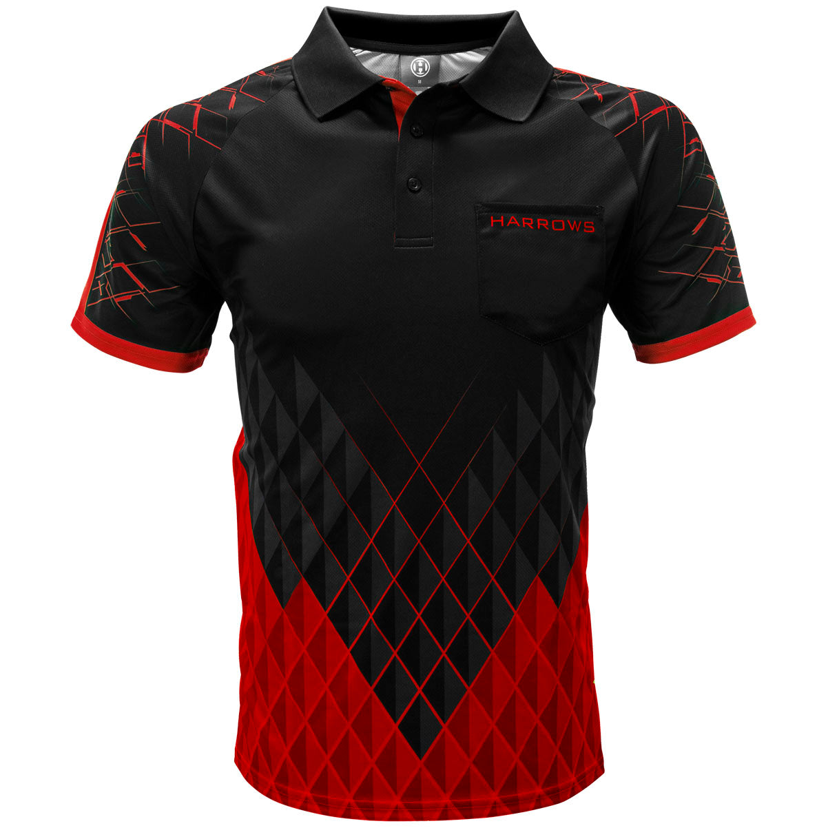 Harrows Paragon Red Dart Shirt front view image showing the complete shirt design, colours, and styling details