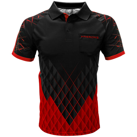 Harrows Paragon Red Dart Shirt front view image showing the complete shirt design, colours, and styling details