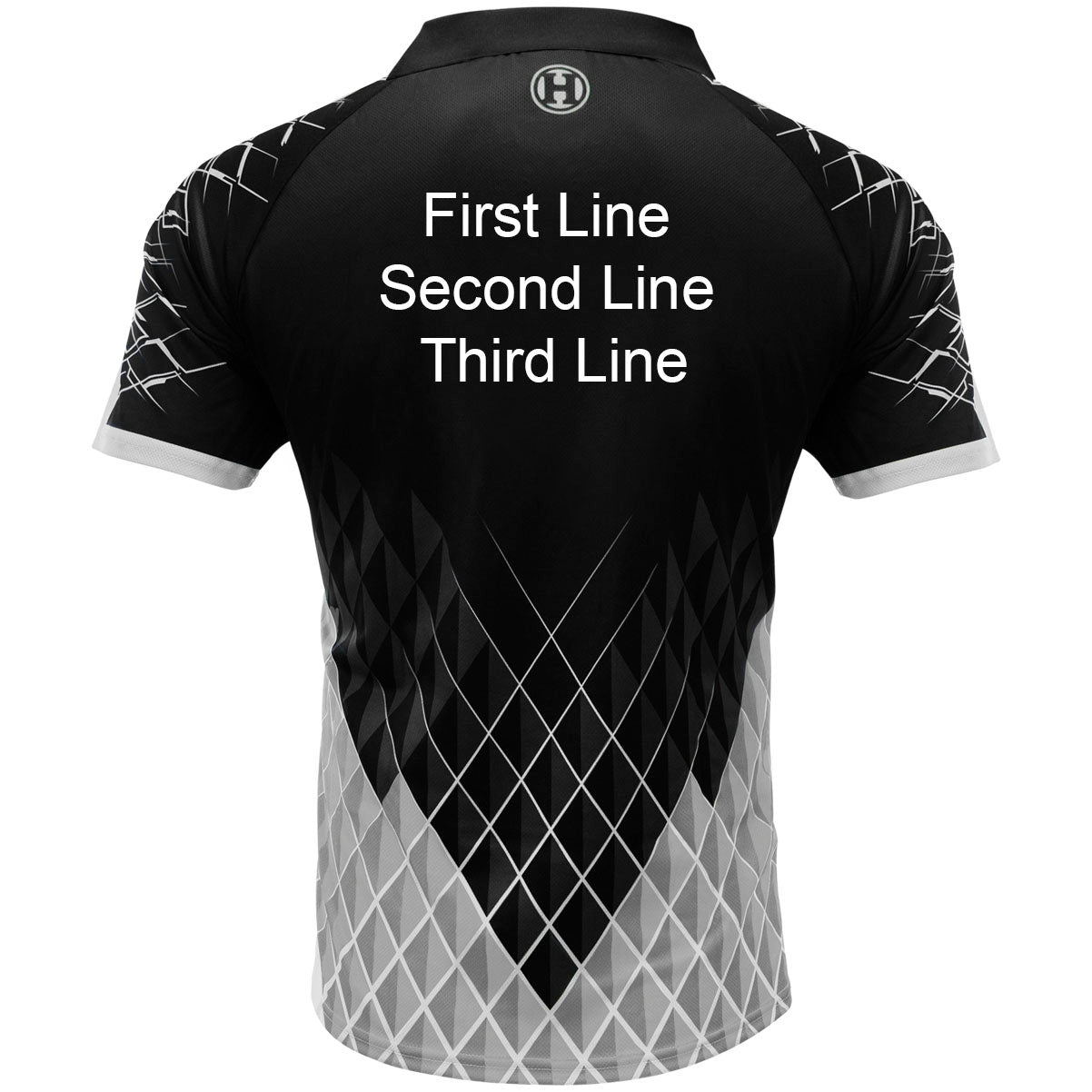 Harrows Paragon White Dart Shirt image highlighting available name and customisation options