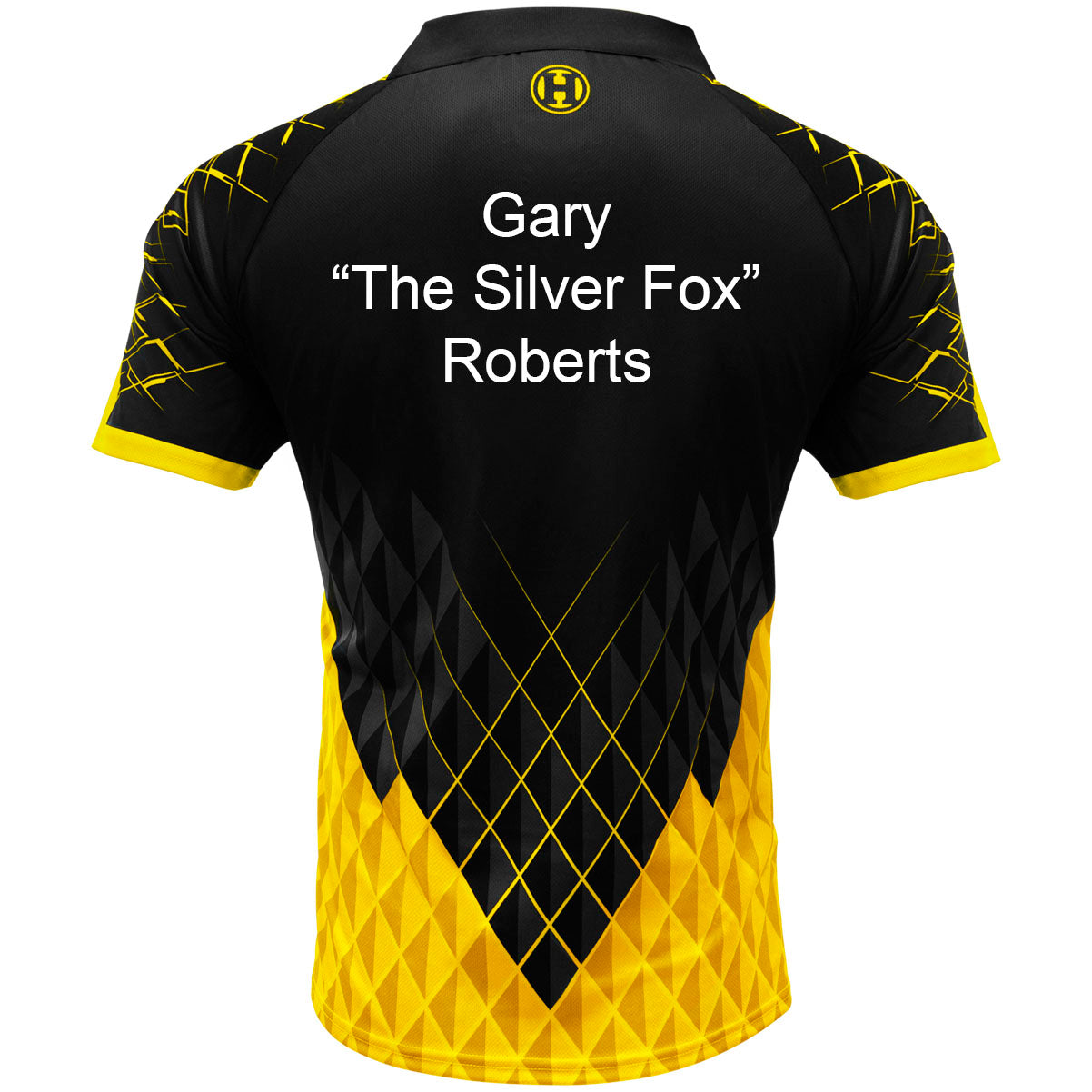Harrows Paragon Yellow Dart Shirt example image showing a personalised shirt with custom name and printed details displayed on the garment.