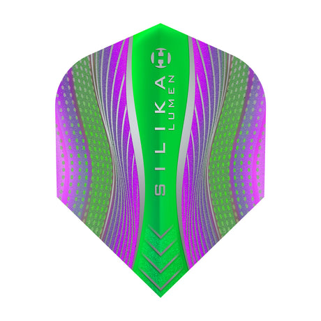 Harrows Silika Lumen No6 Standard Purple and Green Dart Flights main product image showing the dart flights and product contents