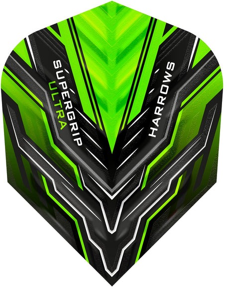 Harrows Supergrip Ultra Green Standard Dart Flights main product image showing the flight design and product contents