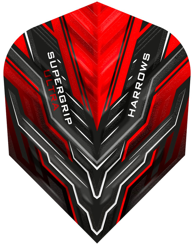 Harrows Supergrip Ultra Red Standard Dart Flights main product image showing the flight design and product contents