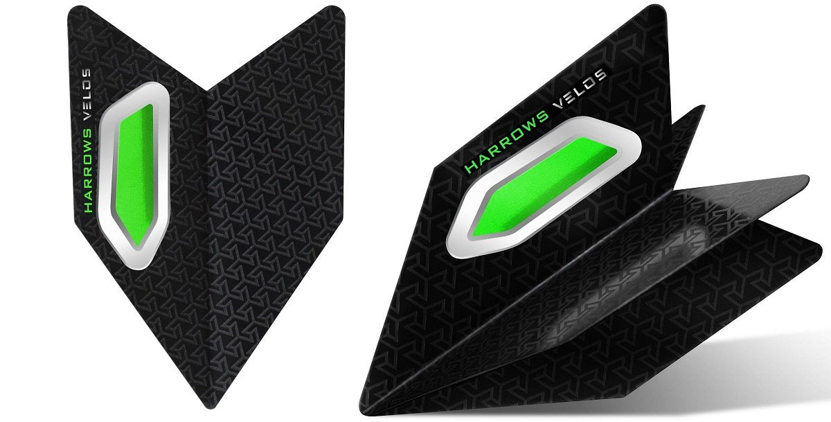 Harrows Velos Green Dart Flights main product image showing the flight design and product contents