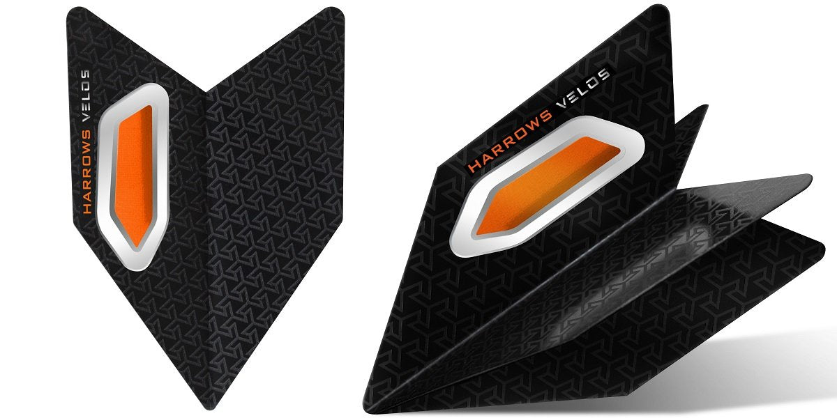 Harrows Velos Orange Dart Flights main product image showing the flight design and product contents