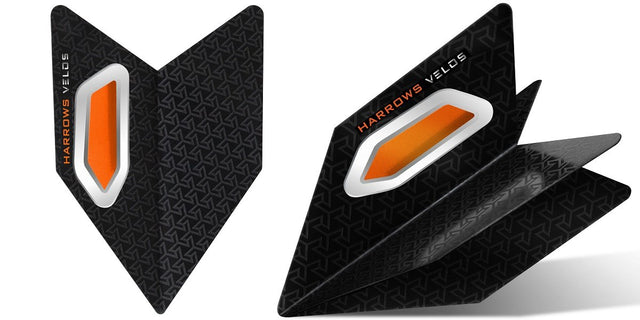 Harrows Velos Orange Dart Flights main product image showing the flight design and product contents