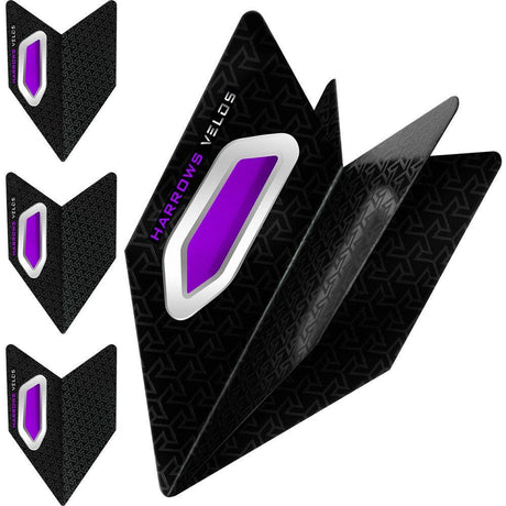 Harrows Velos Purple Dart Flights main product image showing the flight design and product contents