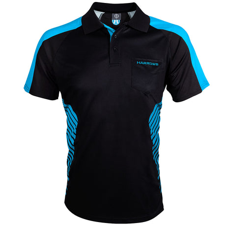 Harrows Vivid Aqua and Black Dart Shirt front view image showing the complete shirt design, colours, and styling details