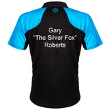 Harrows Vivid Aqua and Black Dart Shirt example image showing a personalised shirt with custom name and printed details displayed on the garment.