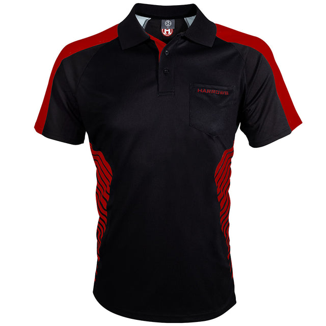 Harrows Vivid Deep Red and Black Dart Shirt front view image showing the complete shirt design, colours, and styling details