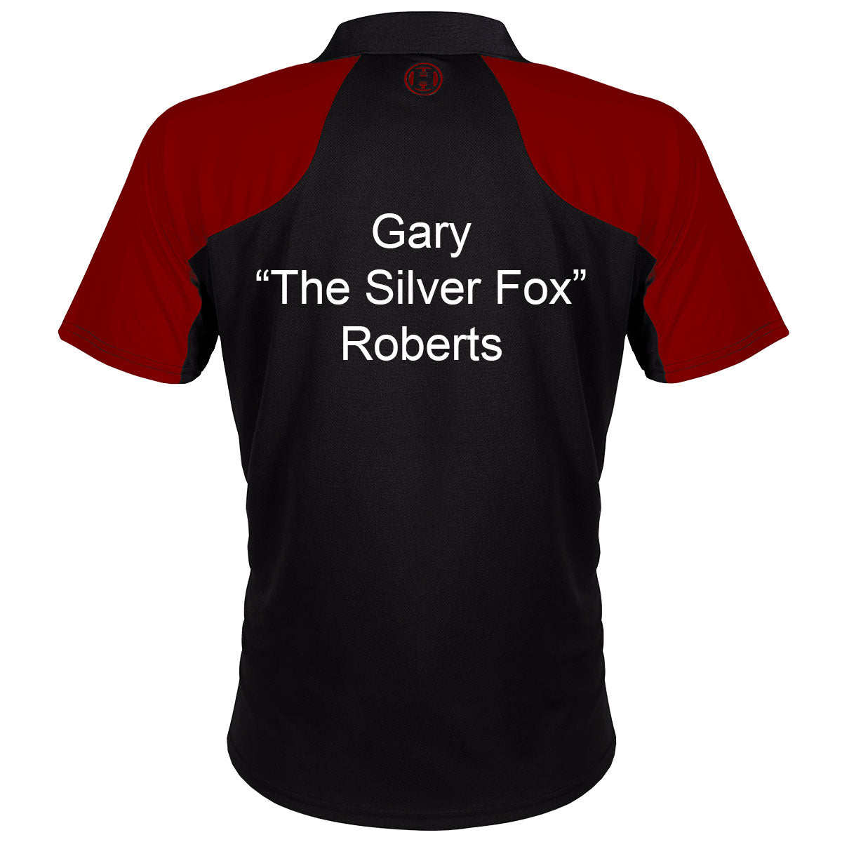 Harrows Vivid Deep Red and Black Dart Shirt example image showing a personalised shirt with custom name and printed details displayed on the garment.