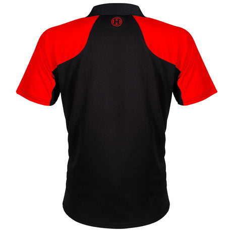 Harrows Vivid Fire Red and Black Dart Shirt rear view image showing the back design and shirt styling