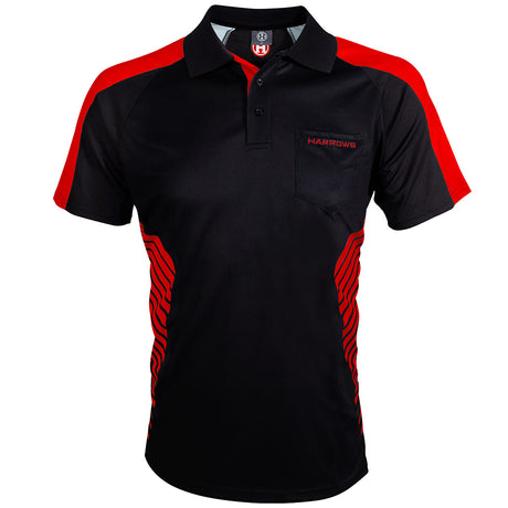 Harrows Vivid Fire Red and Black Dart Shirt front view image showing the complete shirt design, colours, and styling details