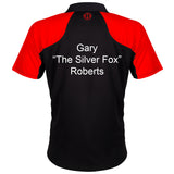 Harrows Vivid Fire Red and Black Dart Shirt example image showing a personalised shirt with custom name and printed details displayed on the garment.