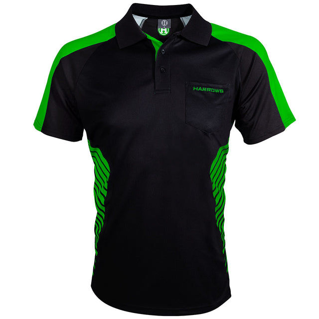 Harrows Vivid Green and Black Dart Shirt front view image showing the complete shirt design, colours, and styling details
