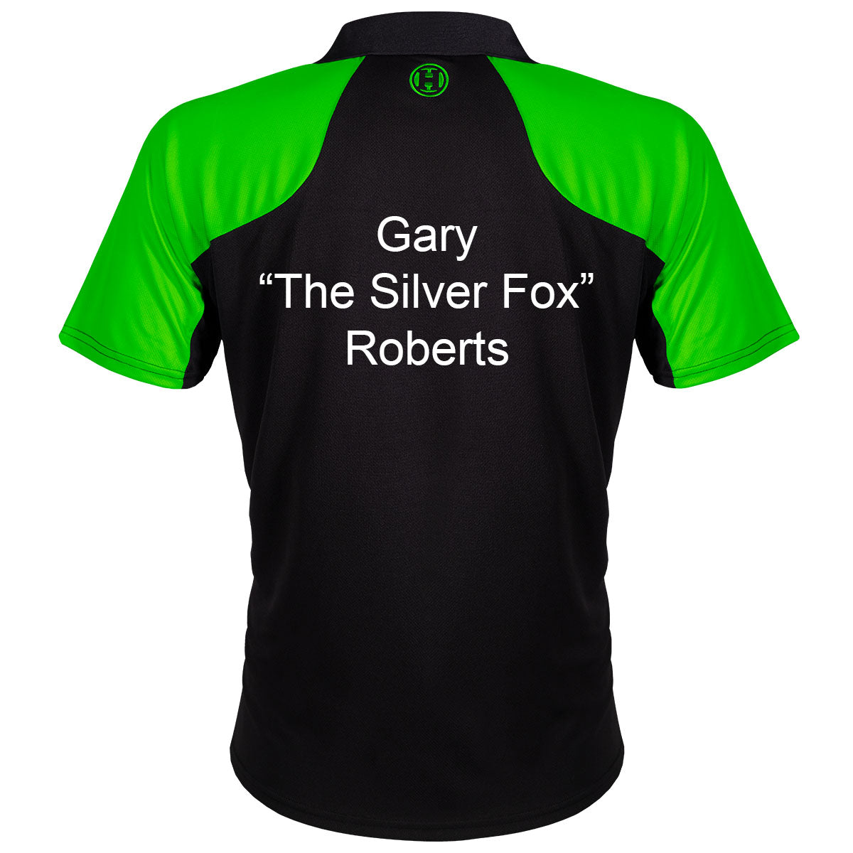 Harrows Vivid Green and Black Dart Shirt example image showing a personalised shirt with custom name and printed details displayed on the garment.