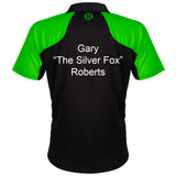 Harrows Vivid Green and Black Dart Shirt example image showing a personalised shirt with custom name and printed details displayed on the garment.
