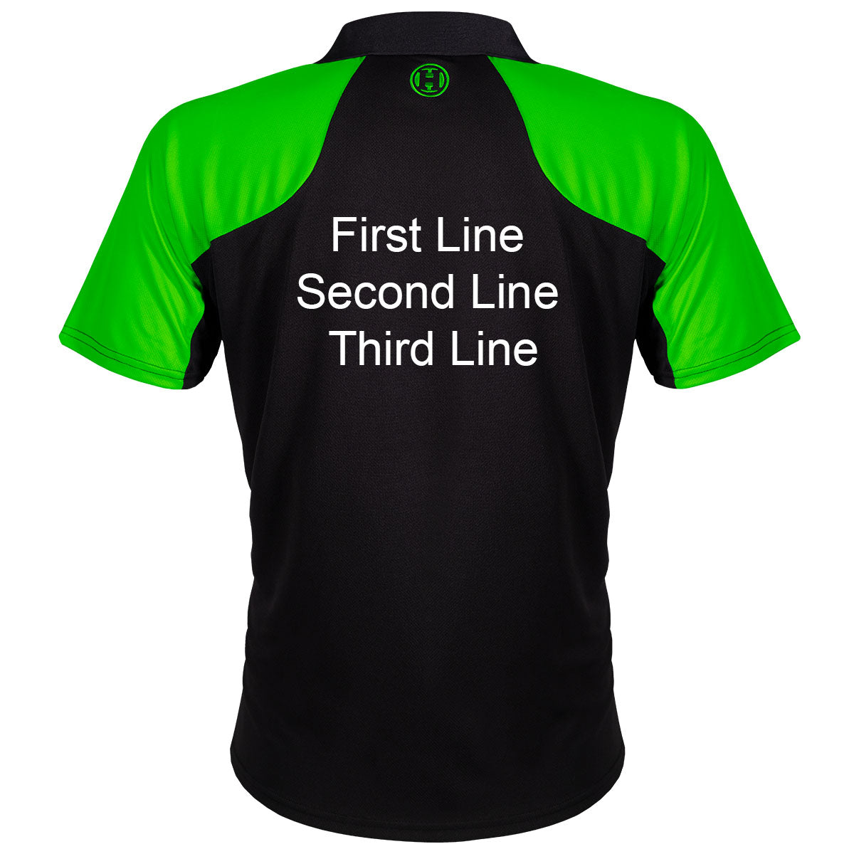 Harrows Vivid Green and Black Dart Shirt image highlighting available name and customisation options