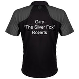 Harrows Vivid Grey and Black Dart Shirt example image showing a personalised shirt with custom name and printed details displayed on the garment.