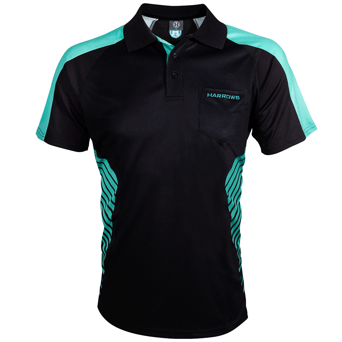 Harrows Vivid Jade and Black Dart Shirt front view image showing the complete shirt design, colours, and styling details