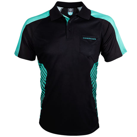 Harrows Vivid Jade and Black Dart Shirt front view image showing the complete shirt design, colours, and styling details